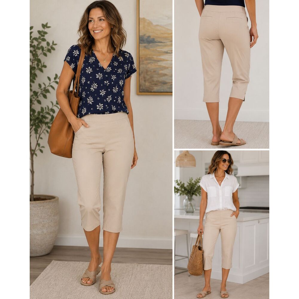 Chico's Cropped Pull-On Pants Beige Stretch Career Capri Size 0.5 (US 6)